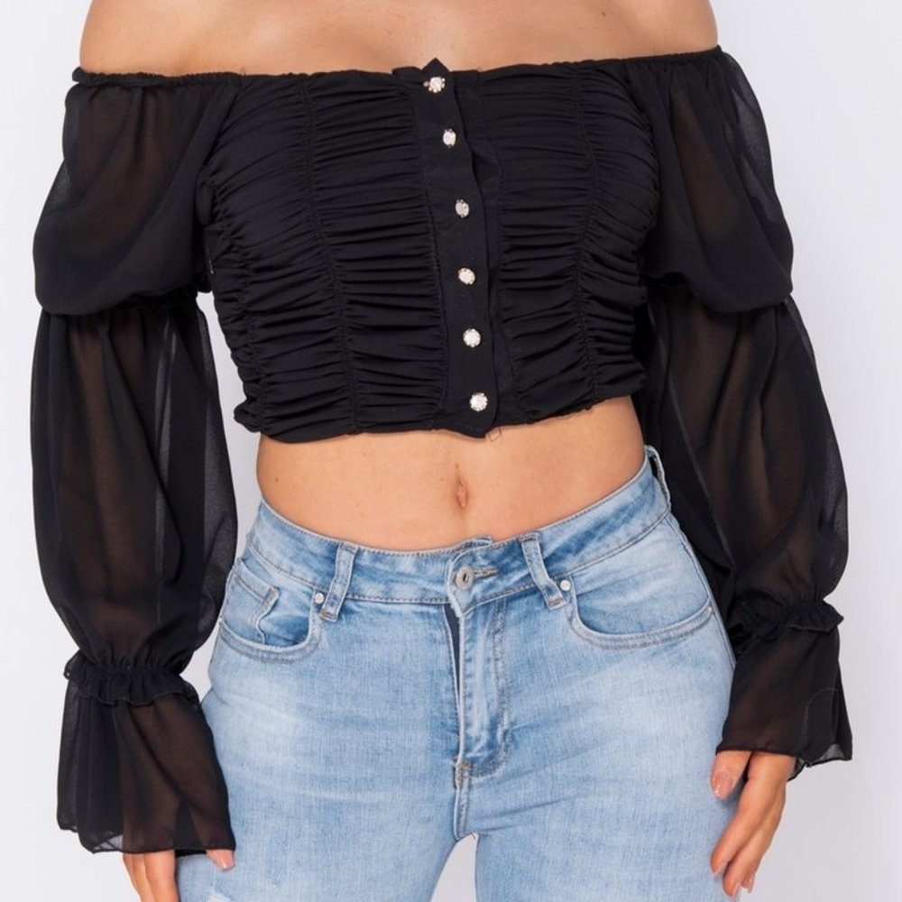 Black Long Sleeve Off Shoulder Ruched Crop Top - Picture 5 of 9
